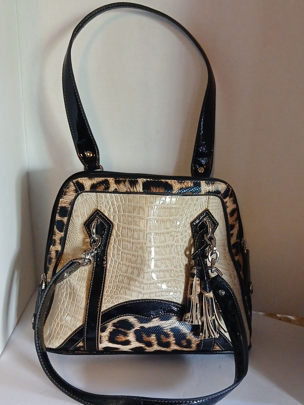 Cream Croc-Texture Shoulder Bag with Black Trim and Leopard Accent